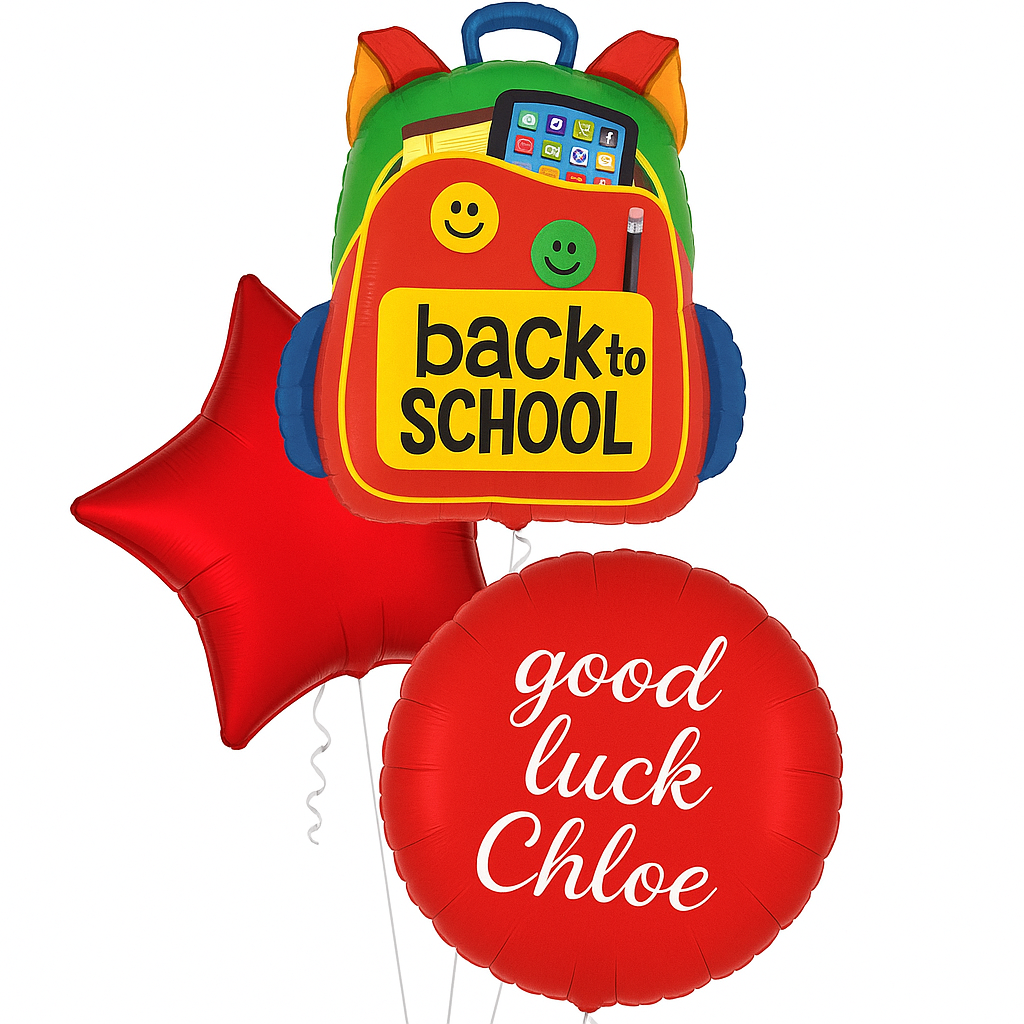 Back to school balloon set featuring a colourful backpack-shaped balloon and two red foil balloons, one star-shaped and one round with 'good luck Chloe' text, on a white background.