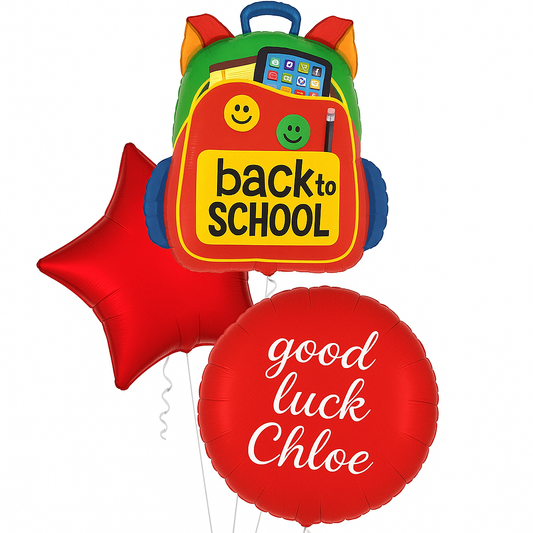 Back to school balloon set featuring a colourful backpack-shaped balloon and two red foil balloons, one star-shaped and one round with 'good luck Chloe' text, on a white background.