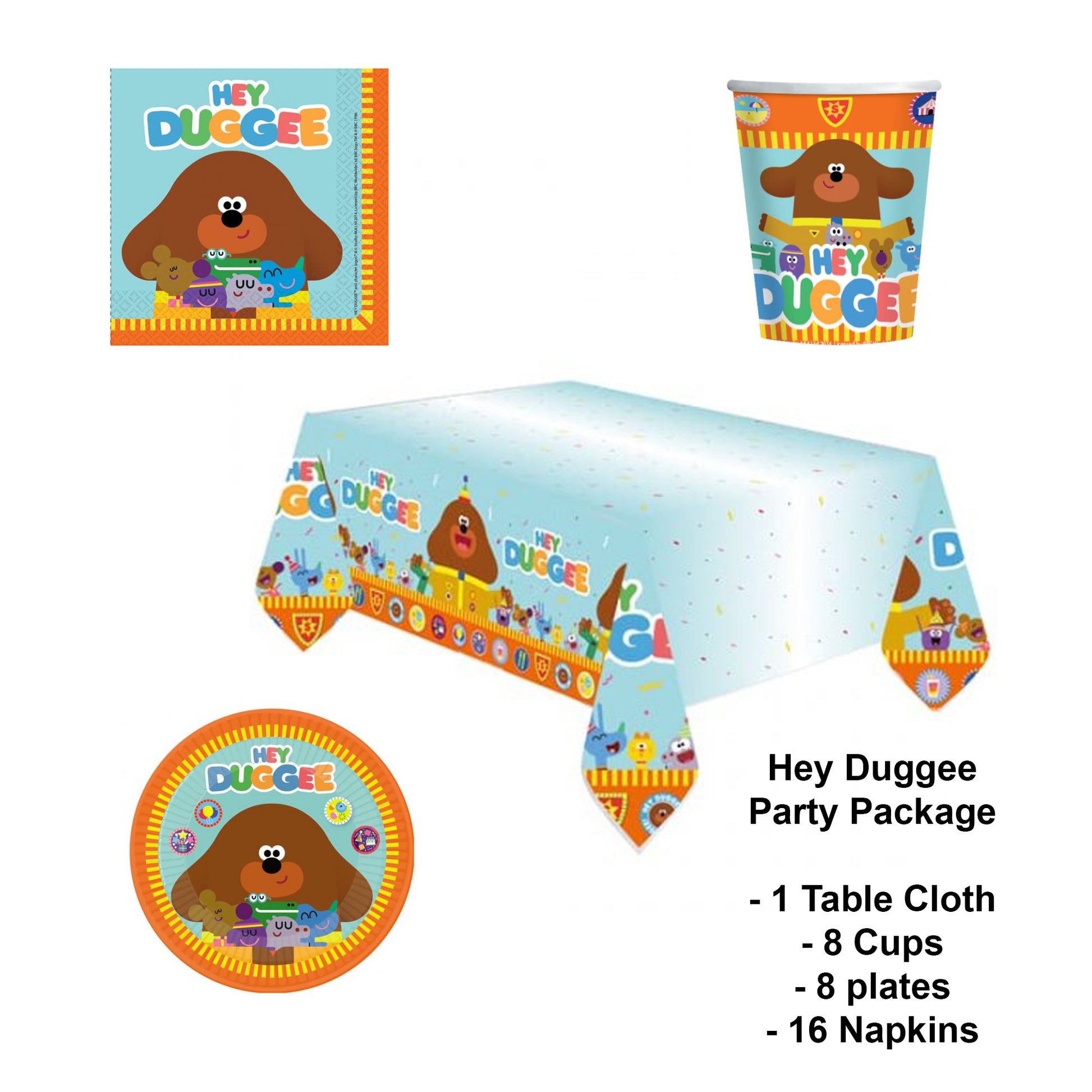 Hey Duggee Party Package - Tablecloth, Plates, Cups, and Napkins for 8 People