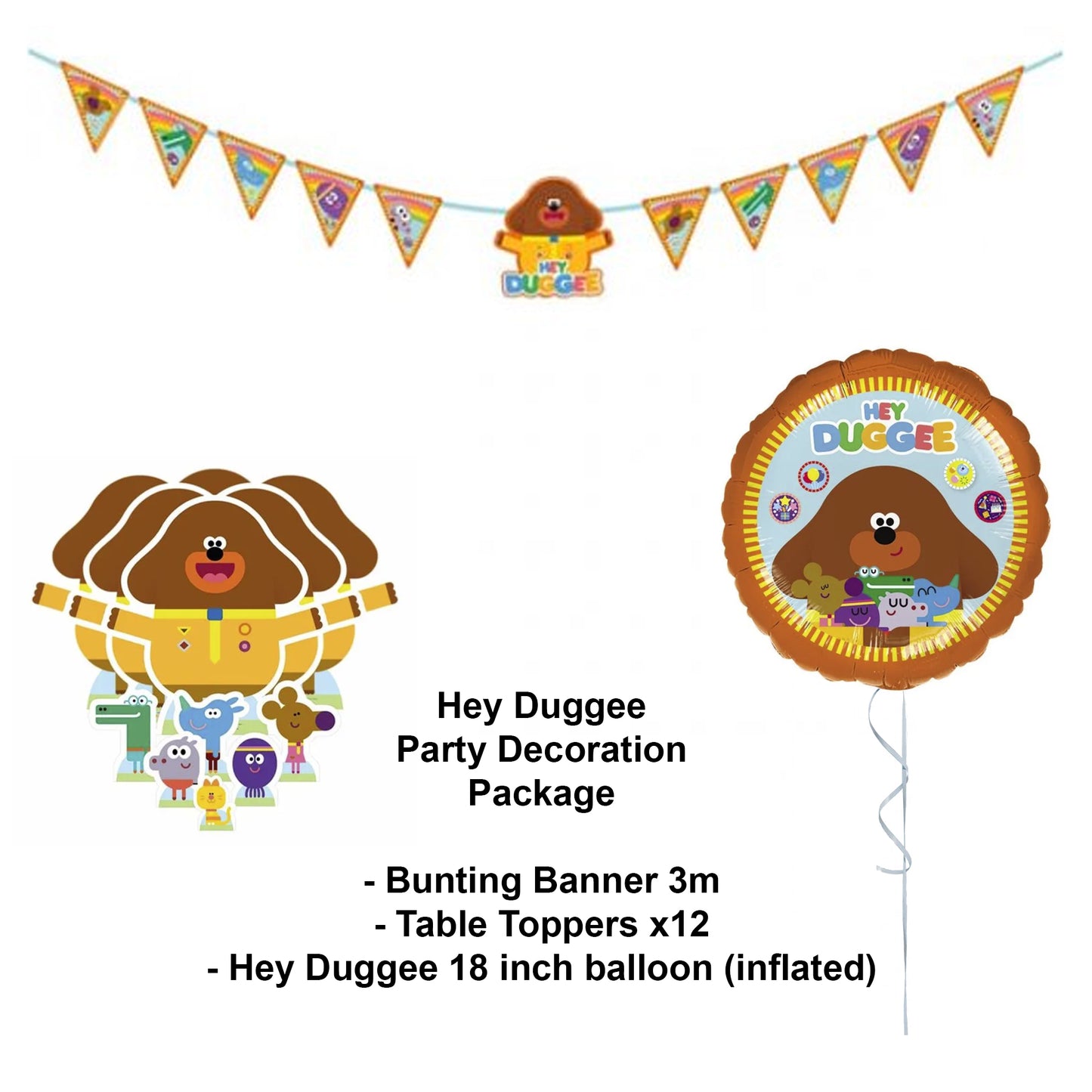 Hey Duggee Party Decoration Kit - Colorful bunting banner, table toppers with cute card figures, and inflated Hey Duggee balloon.