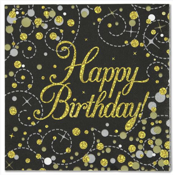 Sparkling Fizz Black & Gold Happy Birthday Napkins 16pk