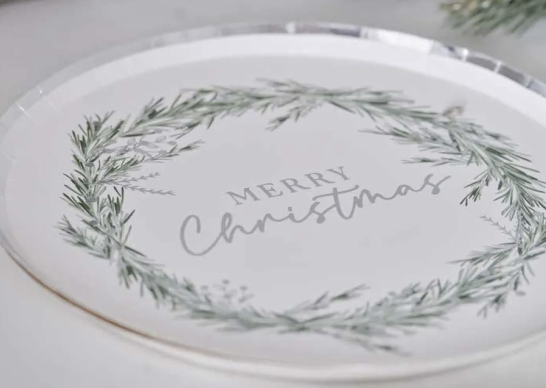 silver Merry Christmas Wreath Paper Plates - 24cm (8pk)