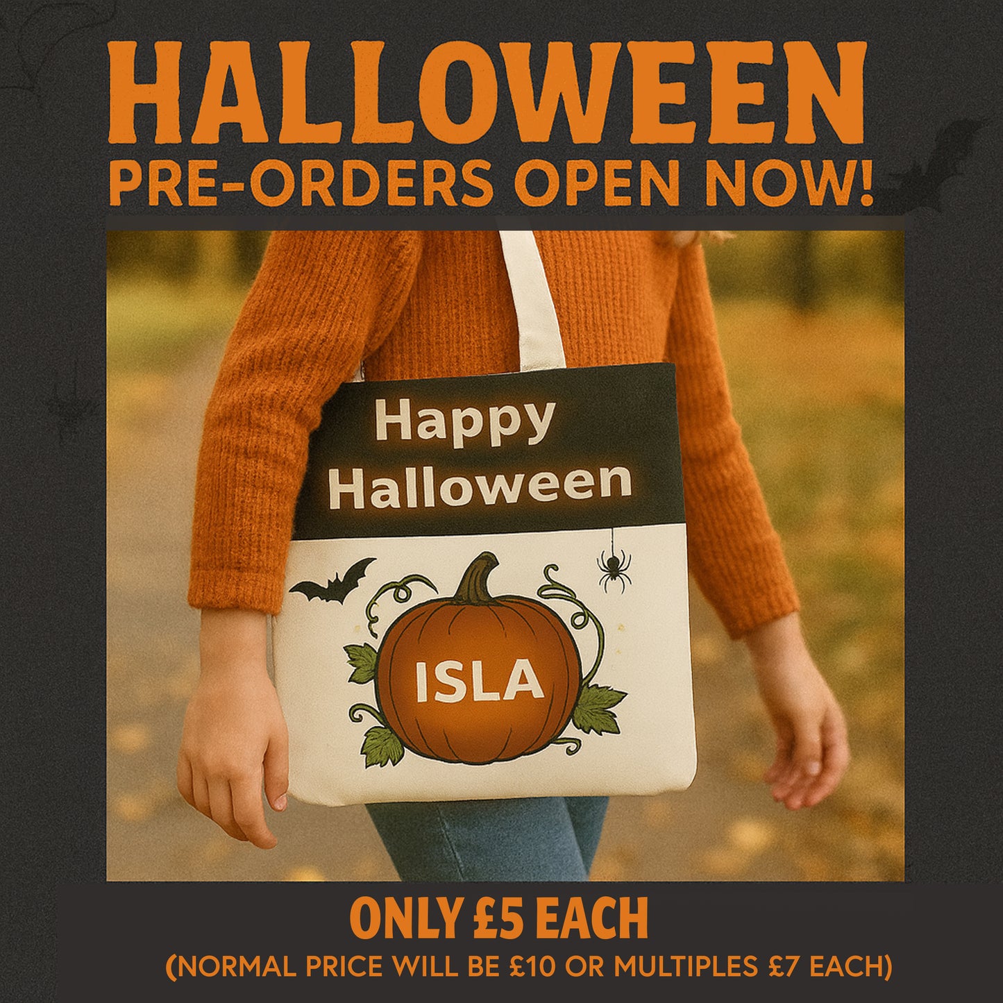 Personalised Halloween Trick or Treat Bag – Kids Pumpkin Design - Pre Orders Now
